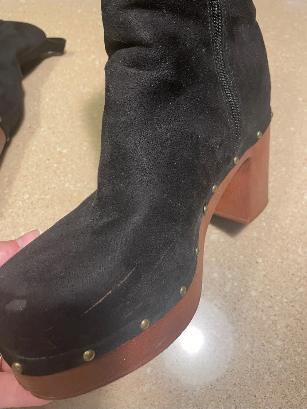 New York & Company Black Suede Platform Ankle Boots with Wood-Effect Block Heel